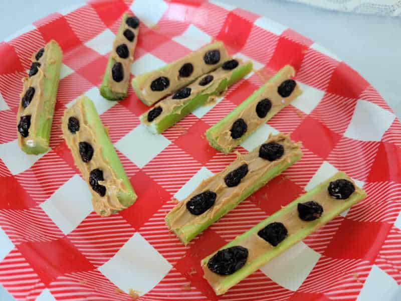Ants on a log celery sticks on a red and white gingham print plate