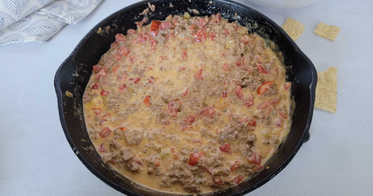 3 Ingredient Velveeta Rotel Dip With Ground Beef - Tammilee Tips