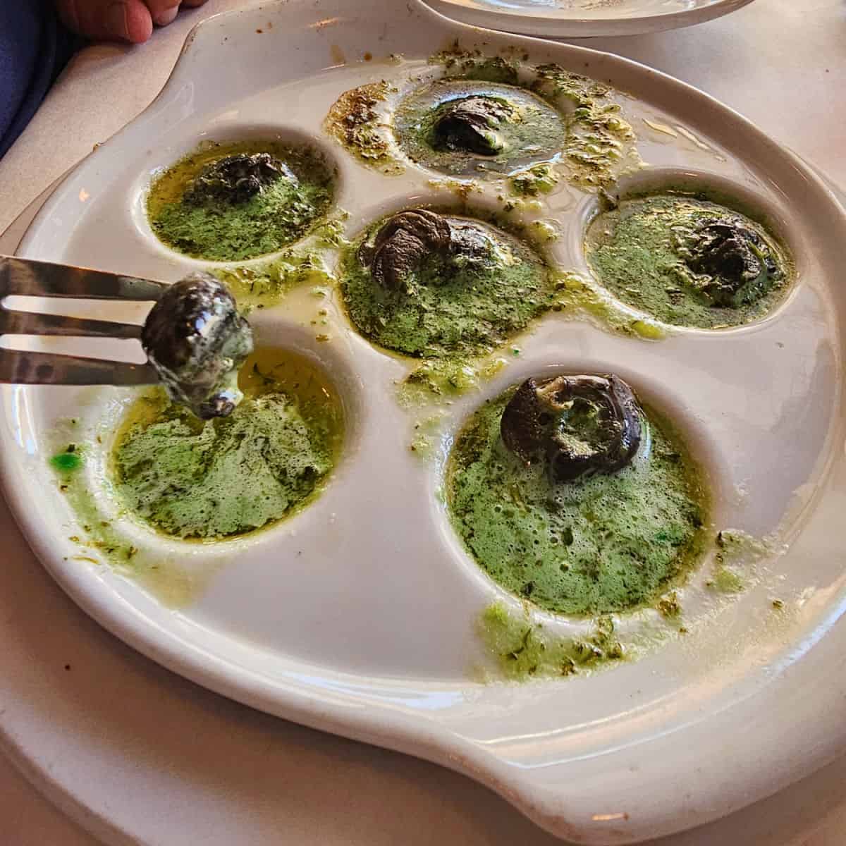 Escargot in a green butter sauce in a white dish with a fork