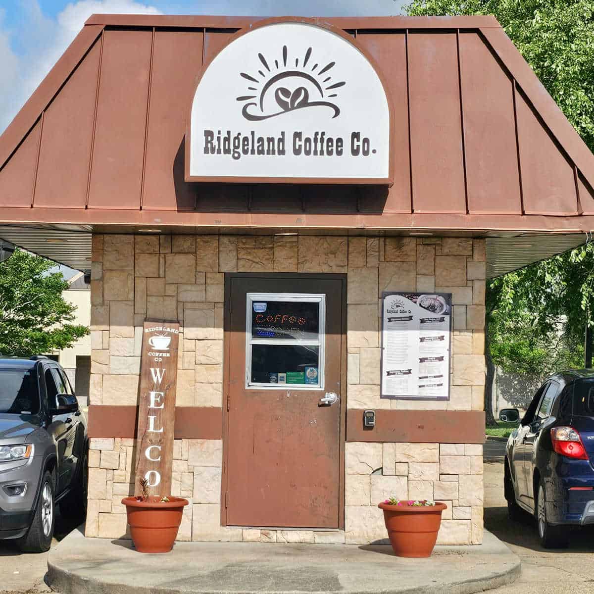 Ridgeland Coffee Co sign over a drive thru coffee shop