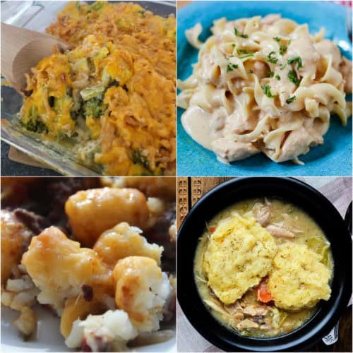 Collage of food photos with broccoli casseroe, chicken stroganoff, tater tot casserole, and chicken dumpling