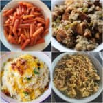 Collage of 4 crockpot side dishes with carrots, stuffing, loaded cauliflower, and green beans